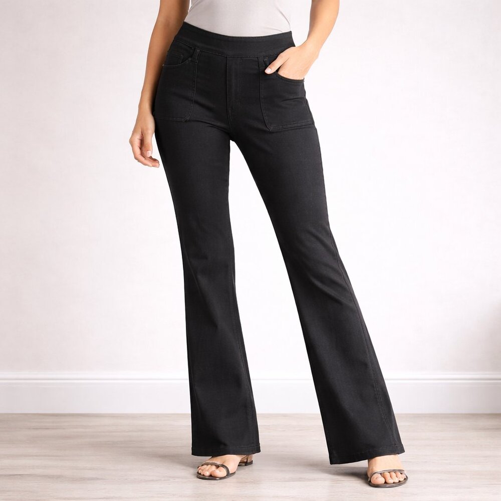 Susan Graver Cotton Blend Pull-On Bootcut Pants Black Women’s 6 NWT Front Seam